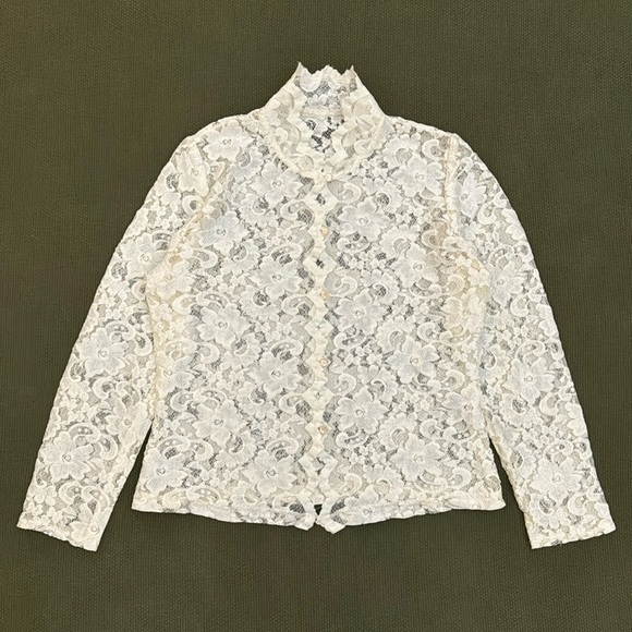 White Lace Mock Neck Button Up Blouse - Picture 1 of 15